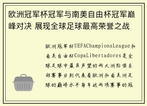 欧洲冠军杯冠军与南美自由杯冠军巅峰对决 展现全球足球最高荣誉之战