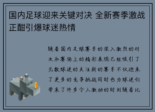 国内足球迎来关键对决 全新赛季激战正酣引爆球迷热情