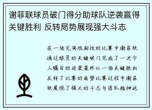 谢菲联球员破门得分助球队逆袭赢得关键胜利 反转局势展现强大斗志