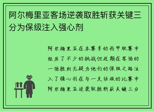 阿尔梅里亚客场逆袭取胜斩获关键三分为保级注入强心剂