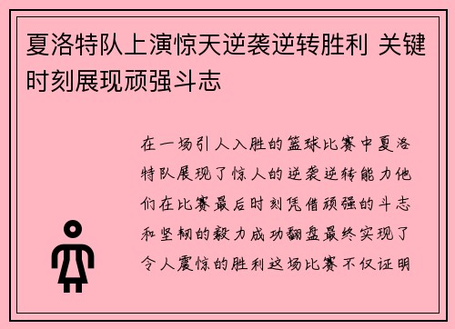 夏洛特队上演惊天逆袭逆转胜利 关键时刻展现顽强斗志