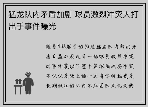 猛龙队内矛盾加剧 球员激烈冲突大打出手事件曝光